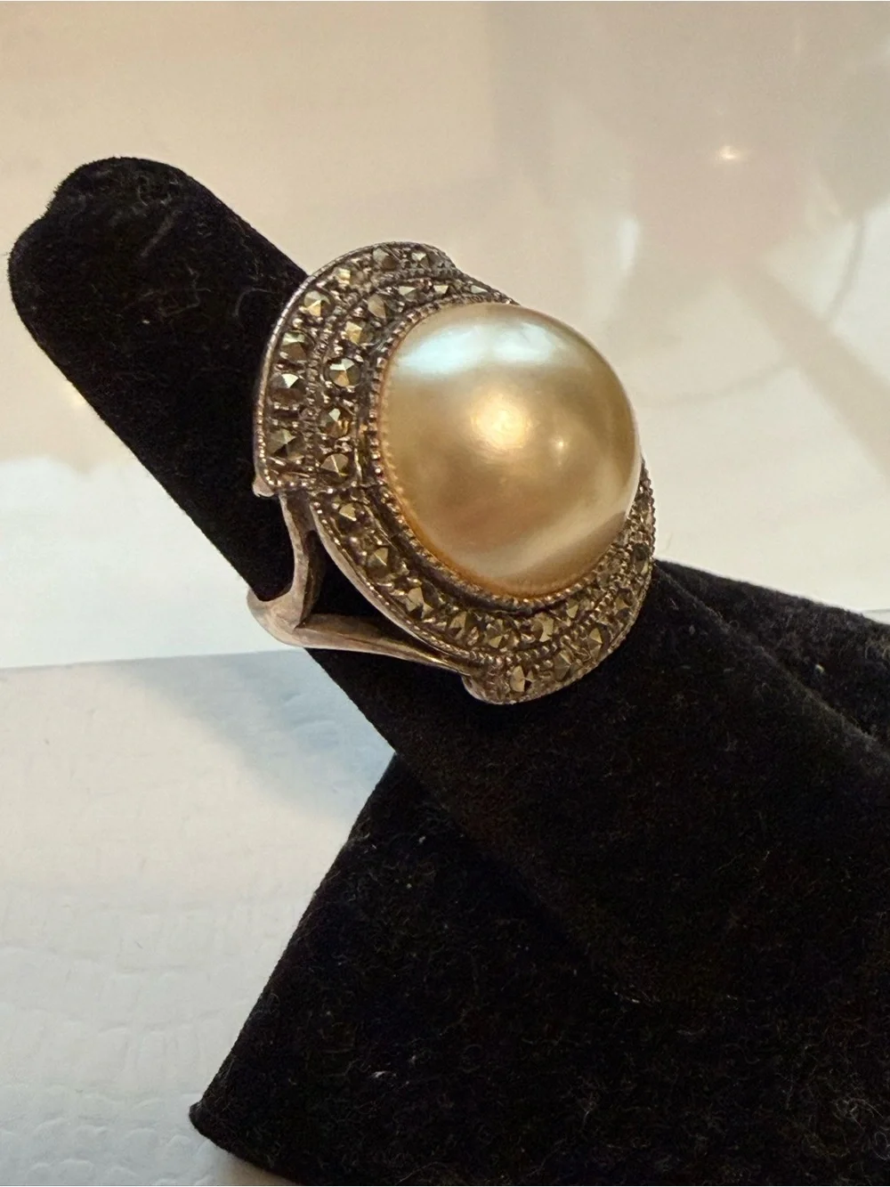 Vintage art deco, sterling silver and pearl Marcasite ring
